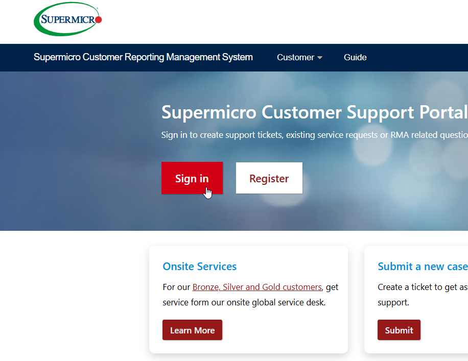 Supermicro Customer Support Portal. Click the Sign in button.