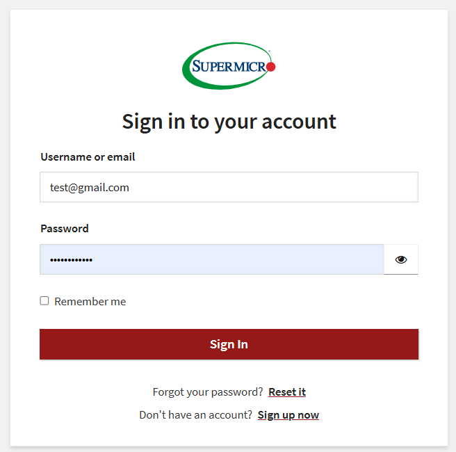 SSO sign-in page. Enter the registered email and password, then click Sign In. Use Reset it or Sign up now if needed.